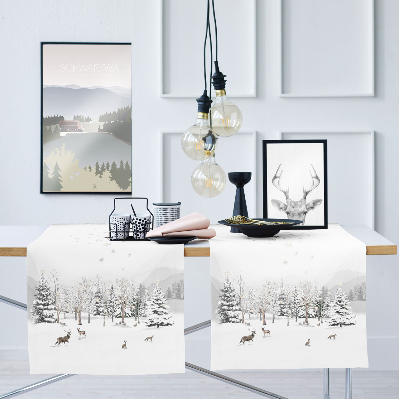 APELT 3712 Läufer Winterwaldmotiv mit Tannen und Waldtieren