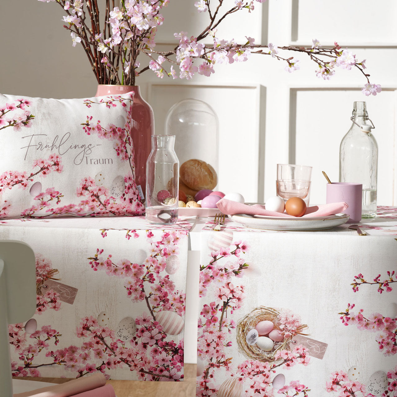 APELT 6714 Kissen Frühlingsmotiv Kirschblüten & Schriftmotiv