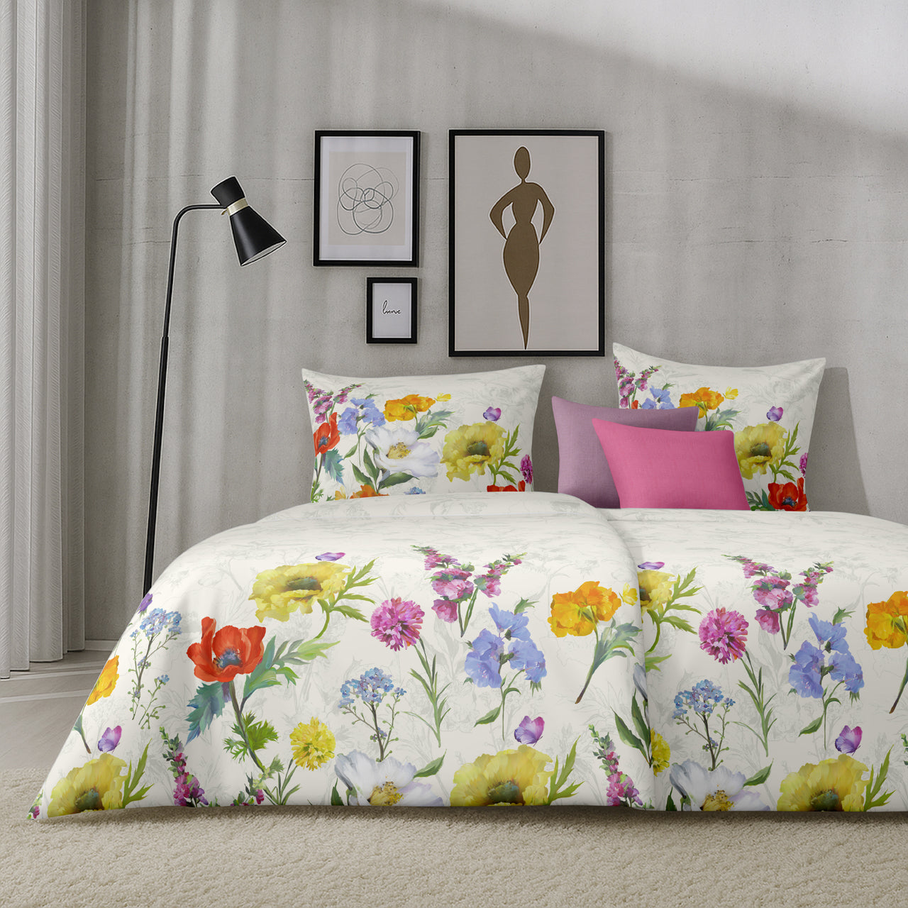 APELT Fiora Bettwäsche Baumwoll-Satin Sommerwiese mit bunten Blumen
