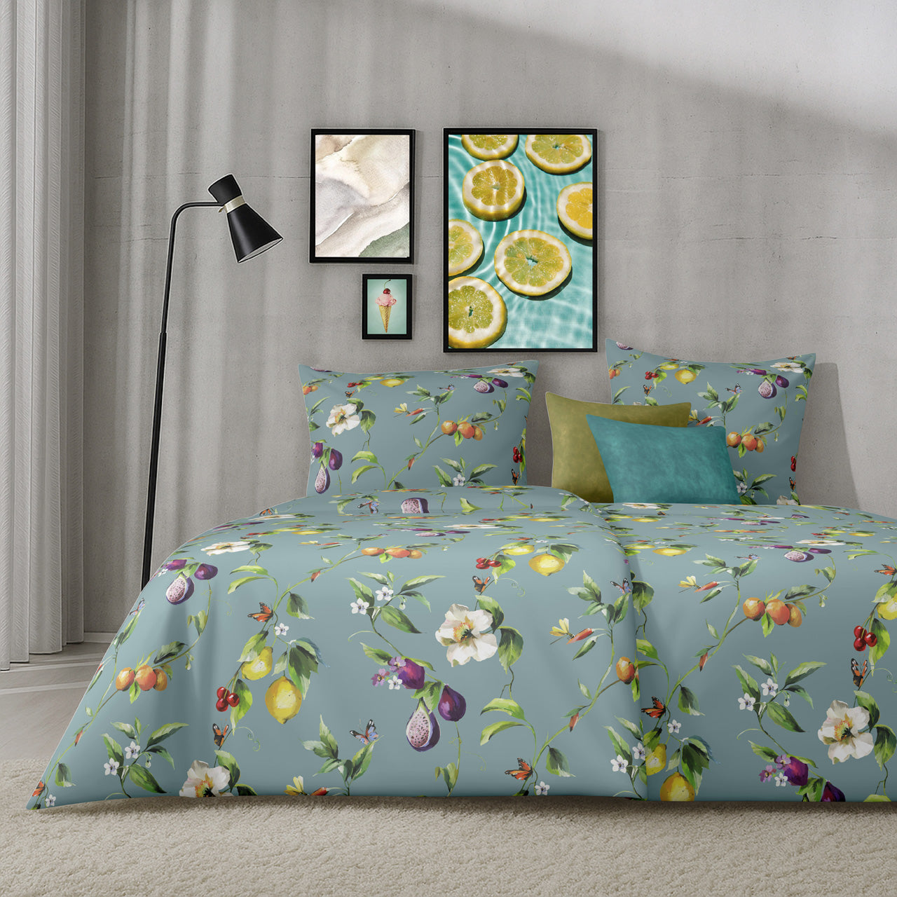 APELT Limone Bettwäsche Baumwoll-Satin Gemalte Sommerfrüchte und südliche Blütenzweige