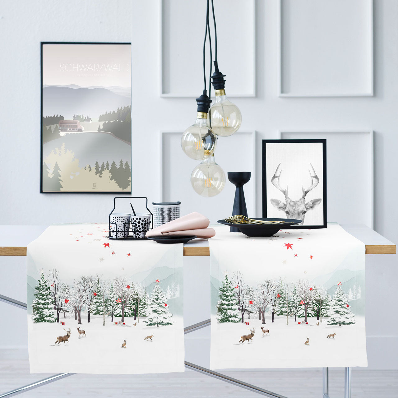 APELT 3712 Läufer Winterwaldmotiv mit Tannen und Waldtieren