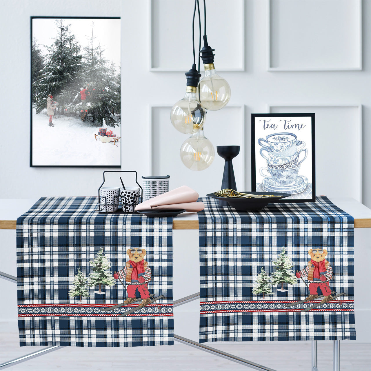 APELT 5802 Läufer stylischer Bär kombiniert mit Karomuster