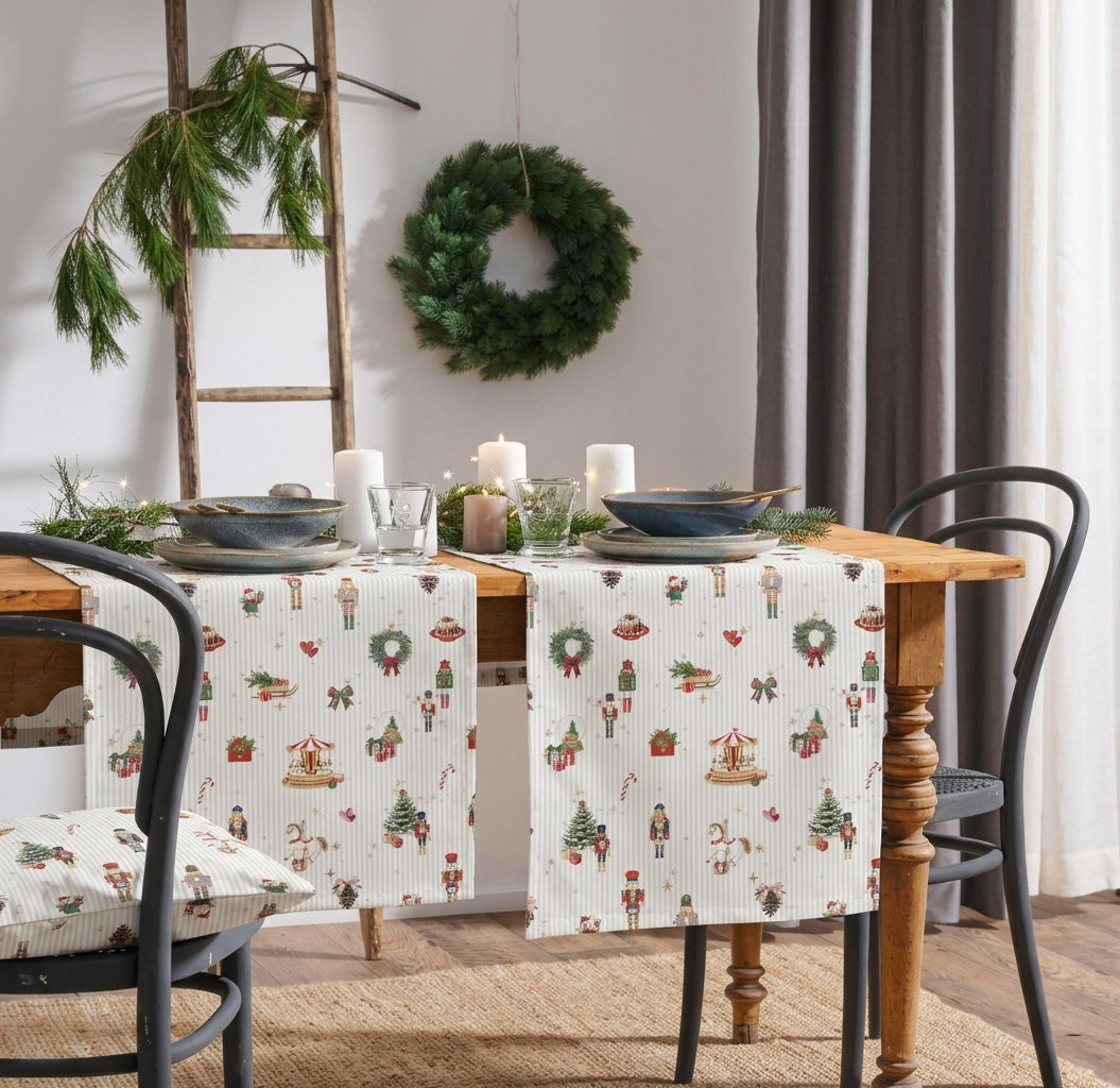 APELT 8100 Tischdecke Christmas-All-over mit Weihnachtsmotiven auf zarten Wäschestreifen