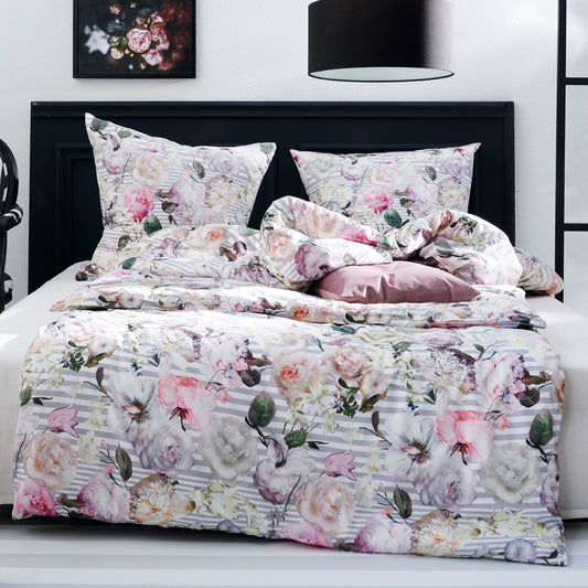 APELT Cosima Bettwäsche Baumwoll-Satin Rosen gestreift