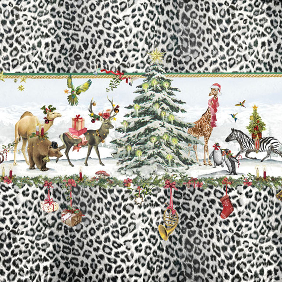 APELT Hugo Bettwäsche Baumwoll-Satin exotische Tiere in Weihnachtsstimmung und Leoprint-Umrandung