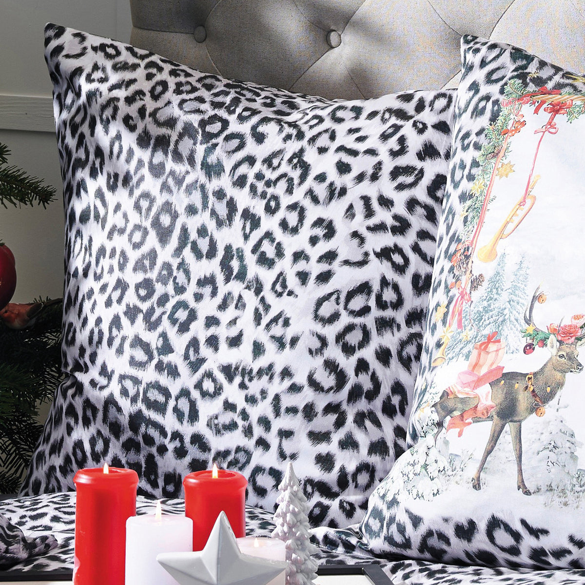 APELT Hugo Bettwäsche Baumwoll-Satin exotische Tiere in Weihnachtsstimmung und Leoprint-Umrandung