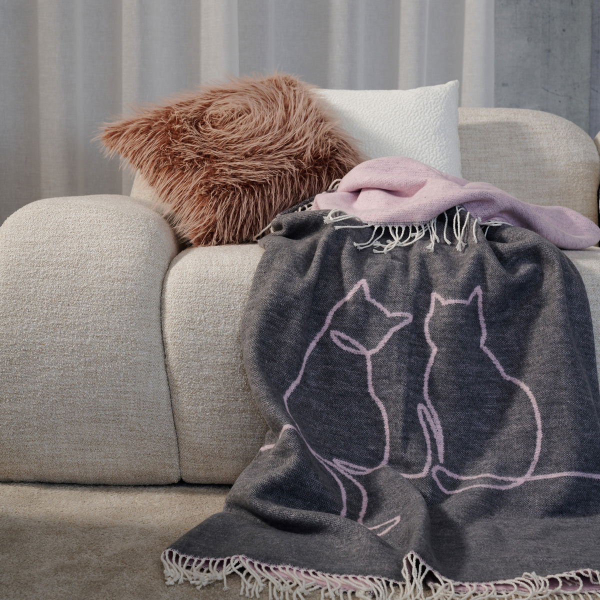 APELT Betty Plaid mit Fransen Linear geziechneten Katzen